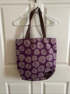 Targus Purple Floral Canvas Tote with Brown Straps